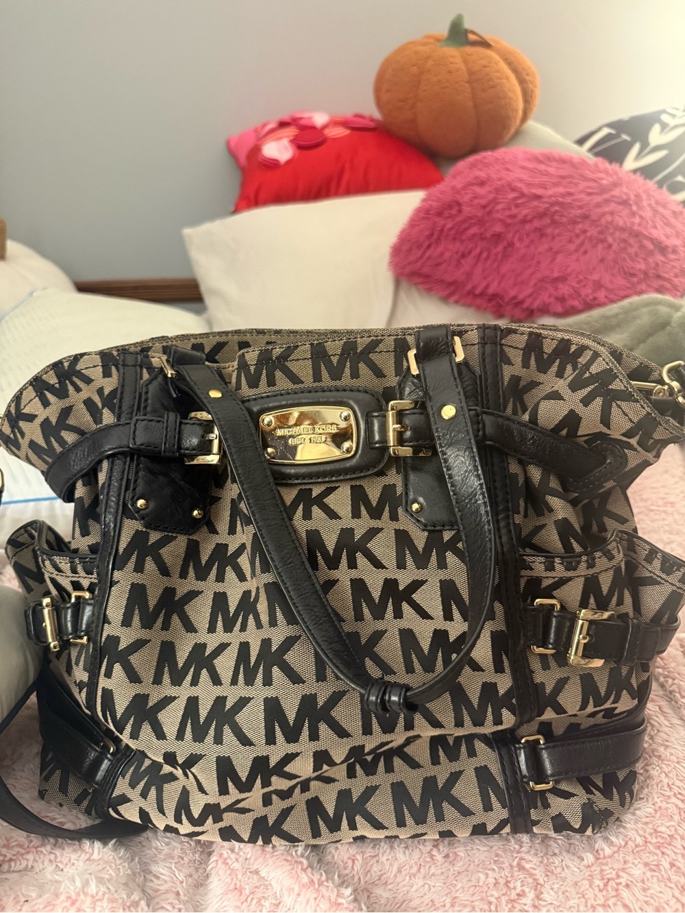 Michael Kors Black and Tan Tote with Signature Monogram